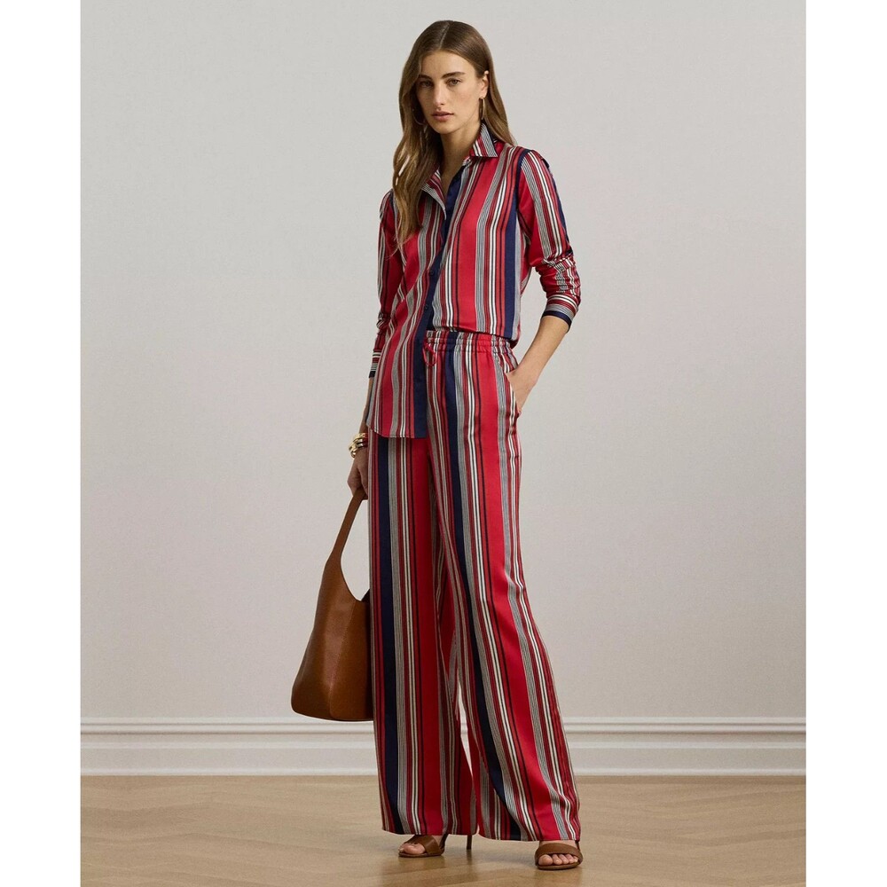 Lauren Ralph Lauren Women's Striped Satin Charmeuse Wide-Leg Pants Red Navy M - Picture 2 of 11